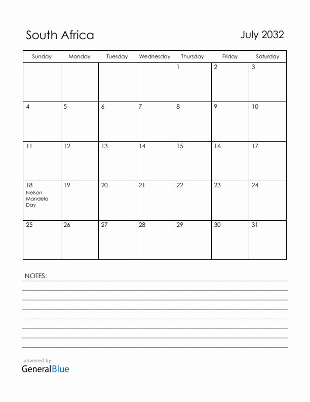 July 2032 South Africa Calendar with Holidays (Sunday Start)
