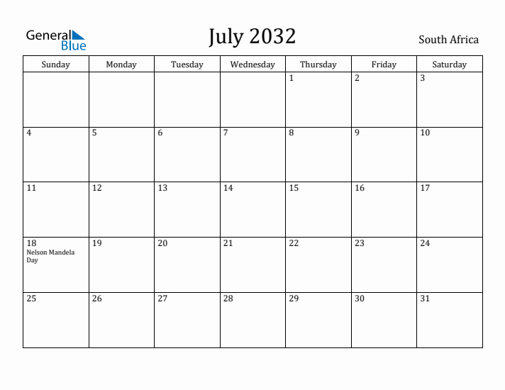 July 2032 Calendar South Africa