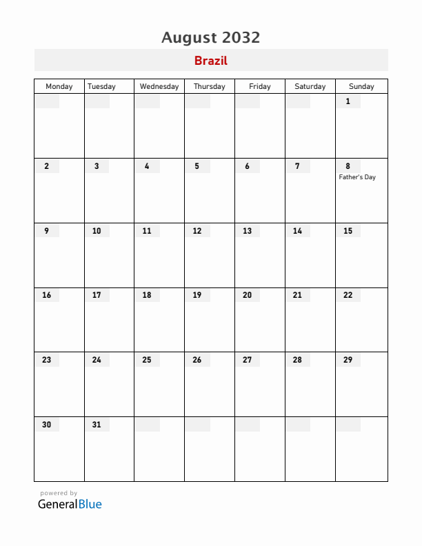 Brazil August 2032 Calendar with Holidays