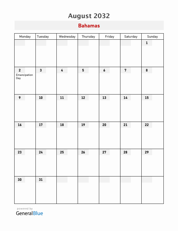 Bahamas August 2032 Calendar with Holidays