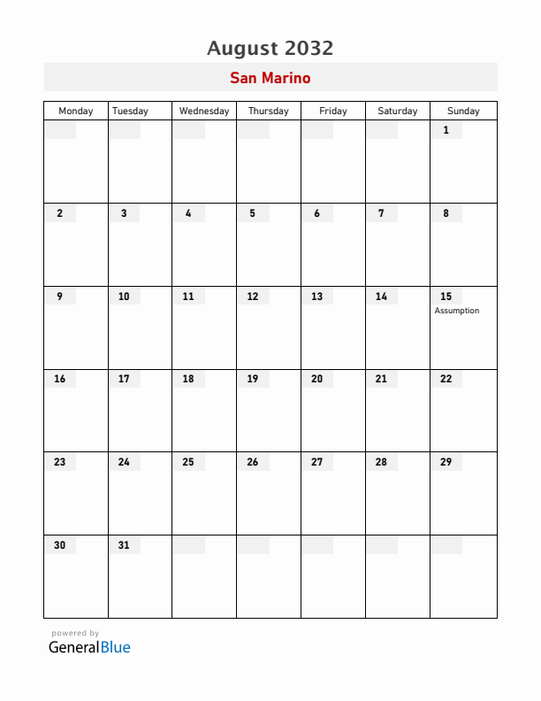 San Marino August 2032 Calendar with Holidays
