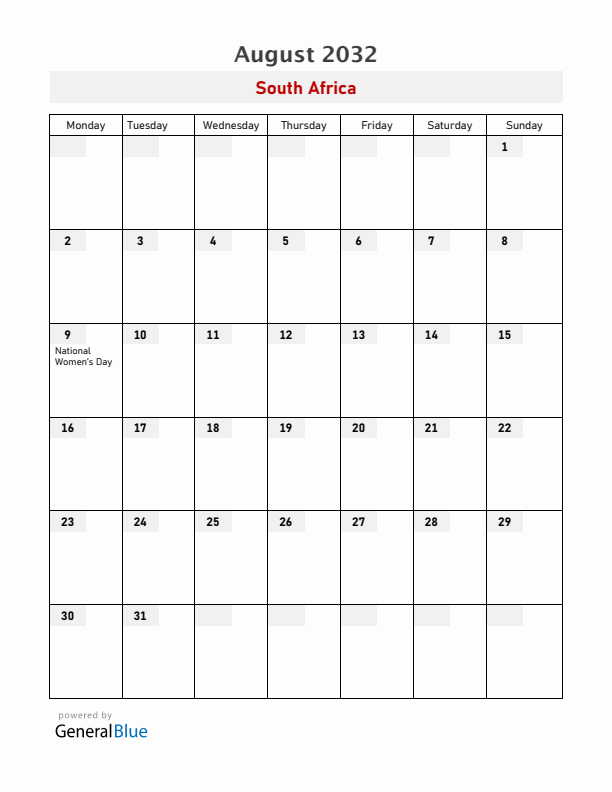 South Africa August 2032 Calendar with Holidays