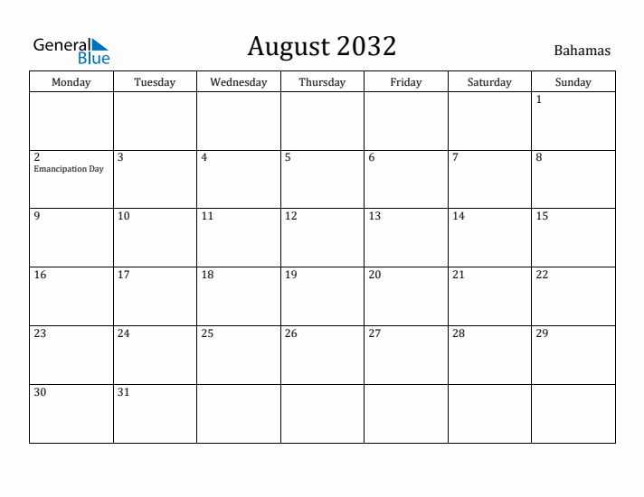 August 2032 Calendar Bahamas