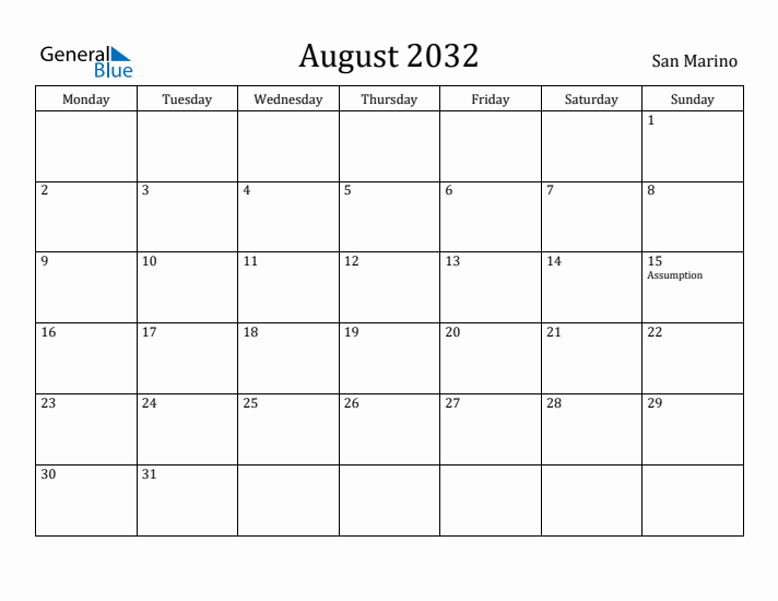 August 2032 Calendar San Marino