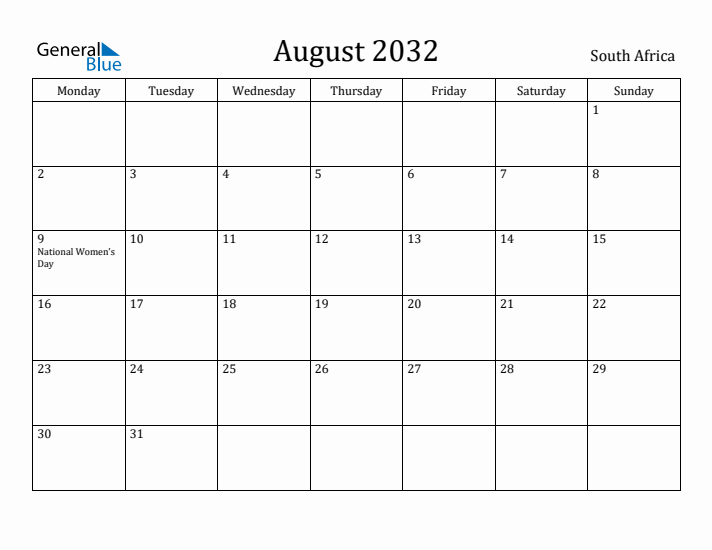 August 2032 Calendar South Africa