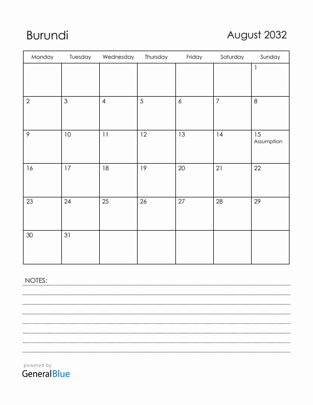 August 2032 Burundi Calendar with Holidays (Monday Start)