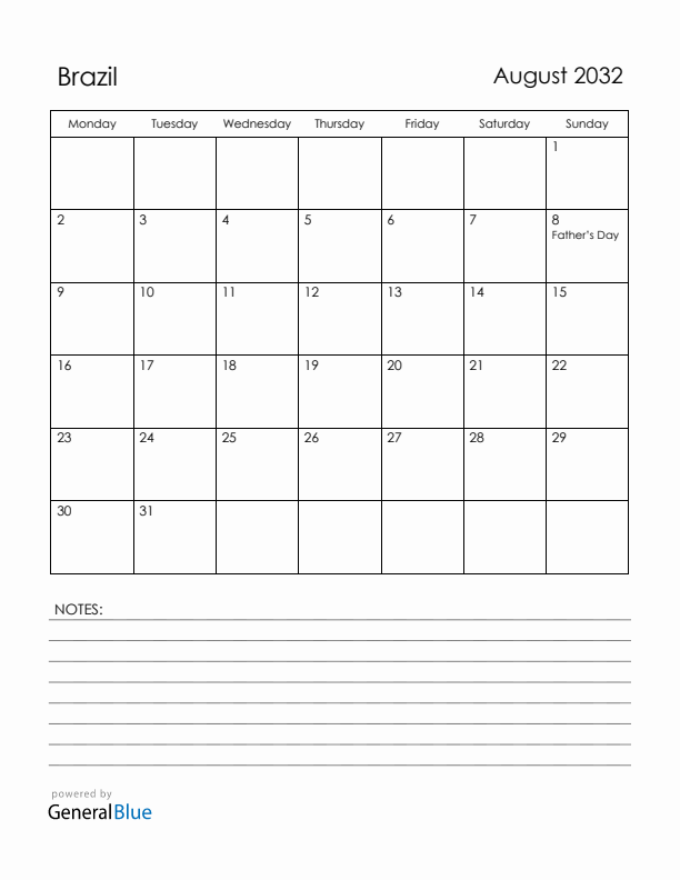 August 2032 Brazil Calendar with Holidays (Monday Start)