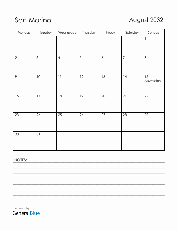 August 2032 San Marino Calendar with Holidays (Monday Start)