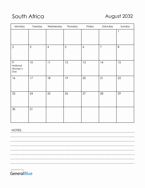 August 2032 South Africa Calendar with Holidays (Monday Start)