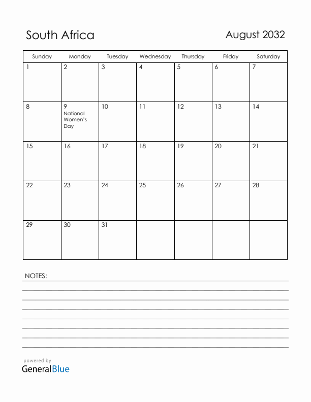 August 2032 South Africa Calendar with Holidays (Sunday Start)