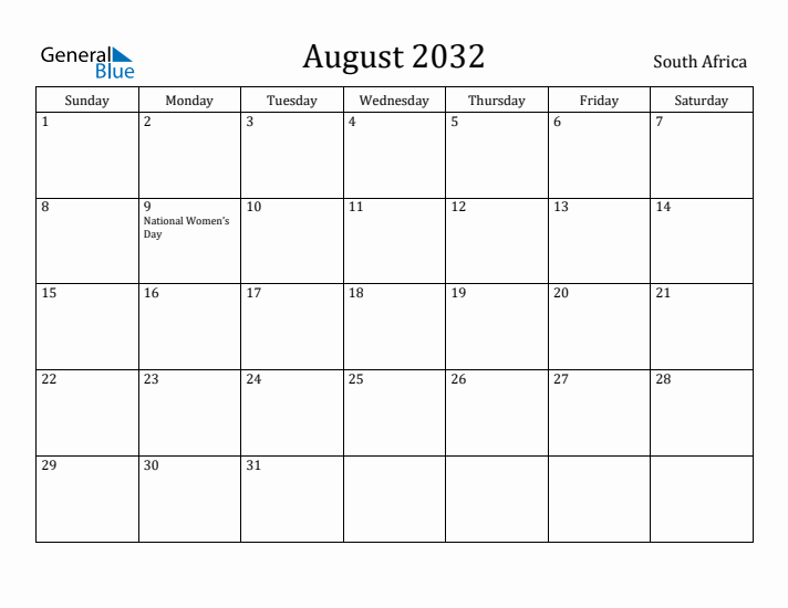 August 2032 Calendar South Africa