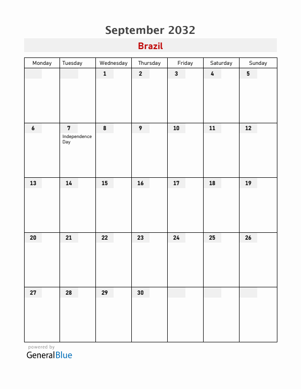 Brazil September 2032 Calendar with Holidays