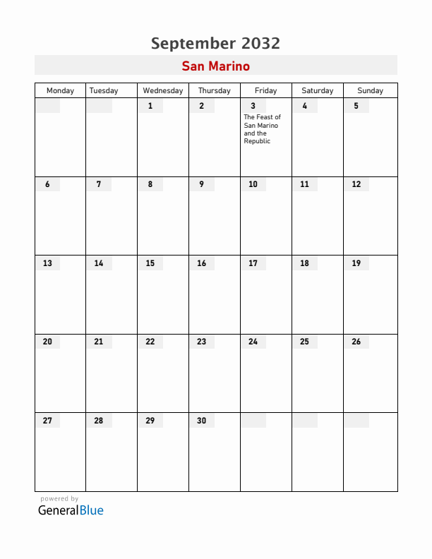 San Marino September 2032 Calendar with Holidays