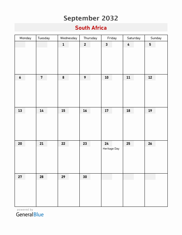 South Africa September 2032 Calendar with Holidays