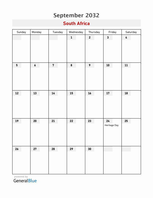 South Africa September 2032 Calendar with Holidays