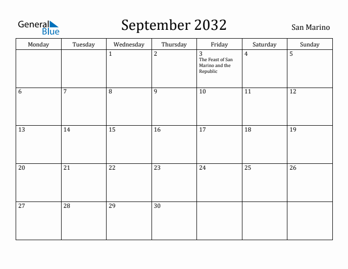 September 2032 Calendar San Marino