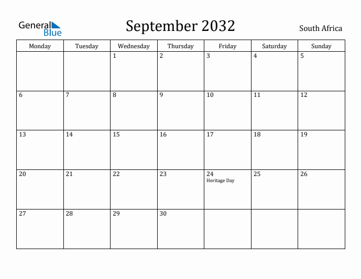 September 2032 Calendar South Africa