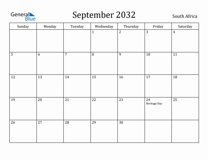 September 2032 Calendar South Africa