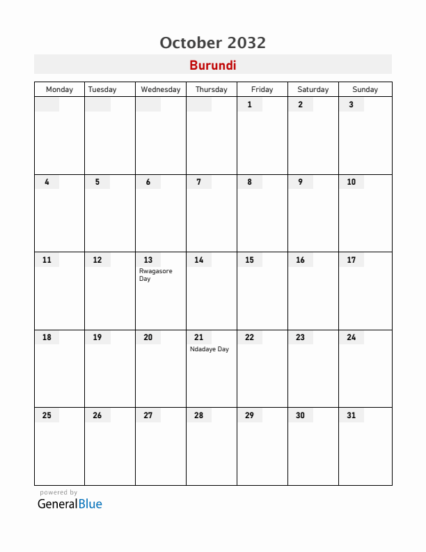Burundi October 2032 Calendar with Holidays