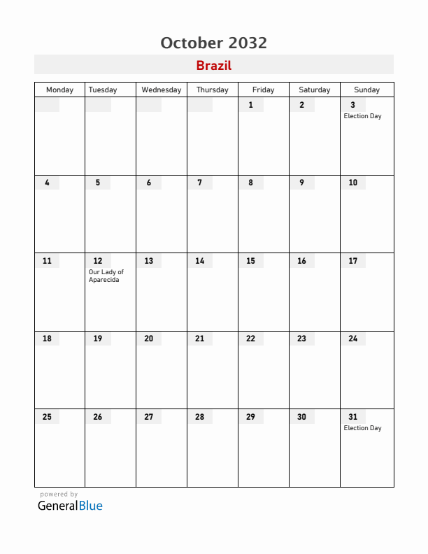 Brazil October 2032 Calendar with Holidays