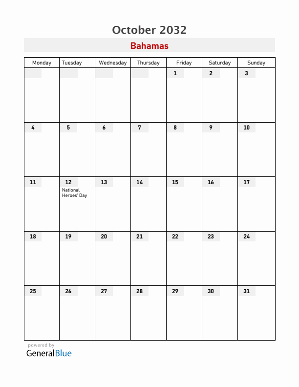 Bahamas October 2032 Calendar with Holidays