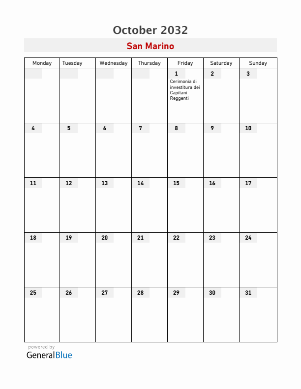 San Marino October 2032 Calendar with Holidays