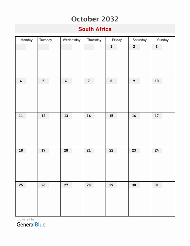 South Africa October 2032 Calendar with Holidays