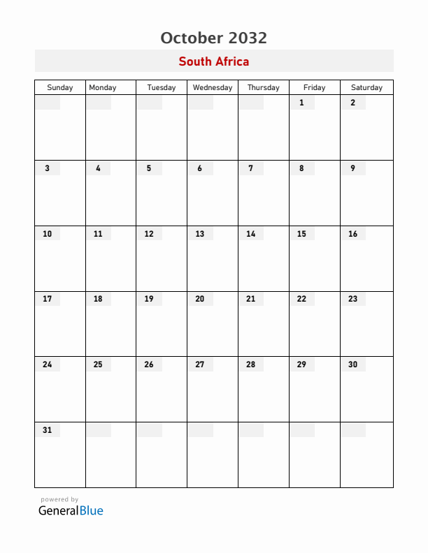 South Africa October 2032 Calendar with Holidays