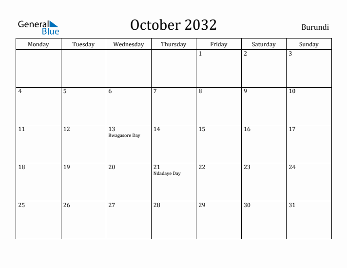 October 2032 Calendar Burundi