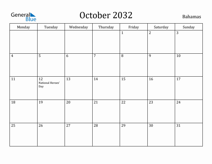 October 2032 Calendar Bahamas