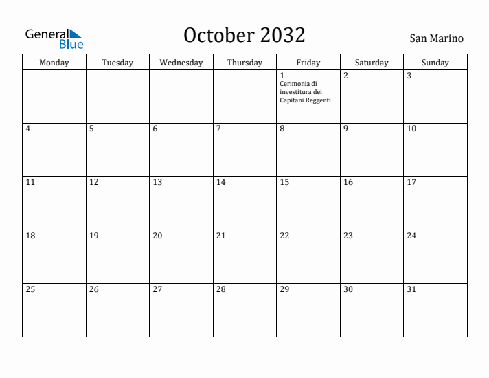 October 2032 Calendar San Marino