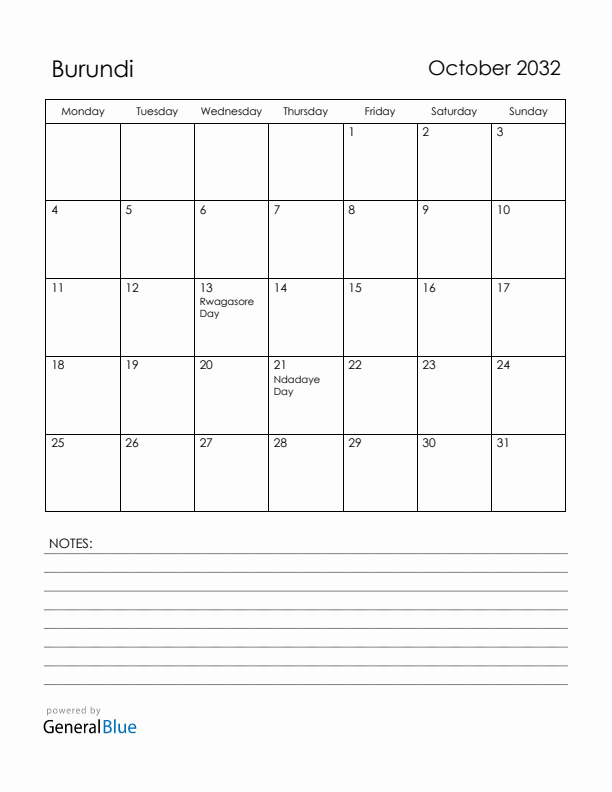October 2032 Burundi Calendar with Holidays (Monday Start)