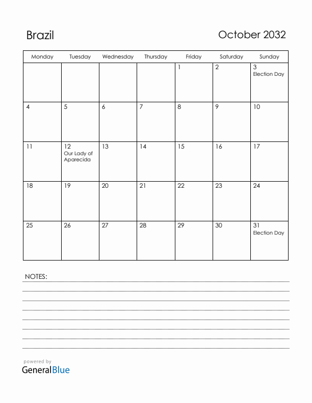 October 2032 Brazil Calendar with Holidays (Monday Start)