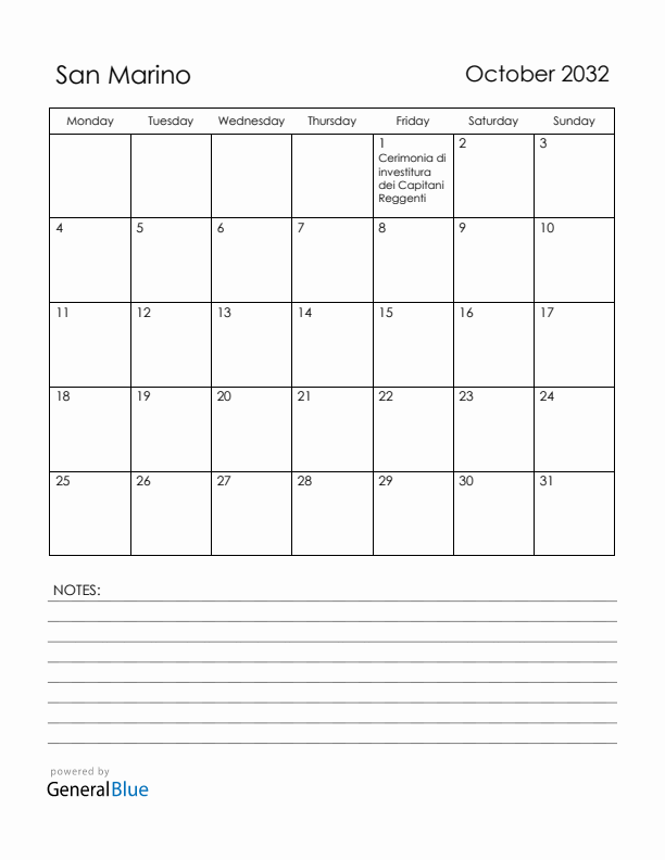 October 2032 San Marino Calendar with Holidays (Monday Start)