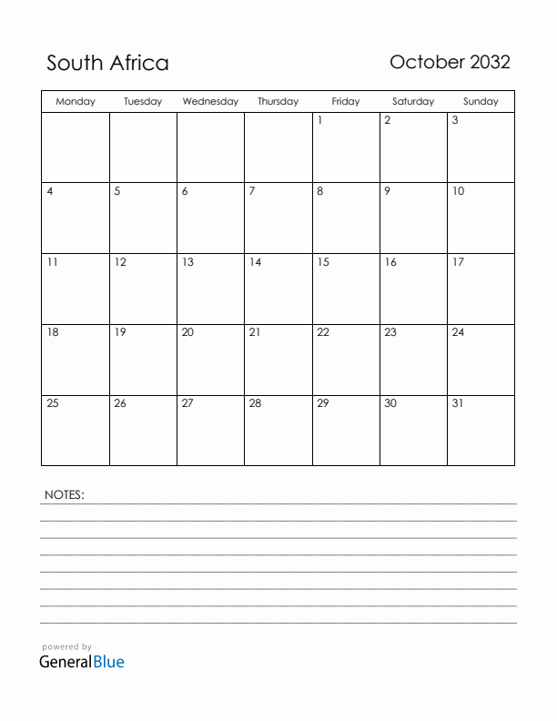 October 2032 South Africa Calendar with Holidays (Monday Start)