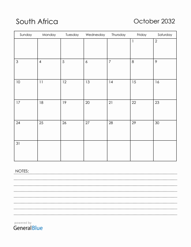 October 2032 South Africa Calendar with Holidays (Sunday Start)