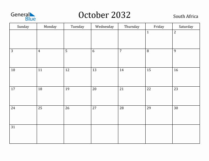 October 2032 Calendar South Africa