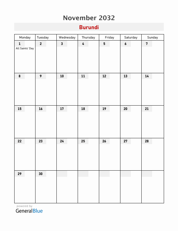 Burundi November 2032 Calendar with Holidays