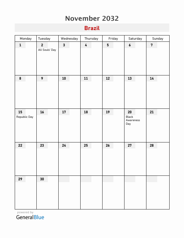 Brazil November 2032 Calendar with Holidays