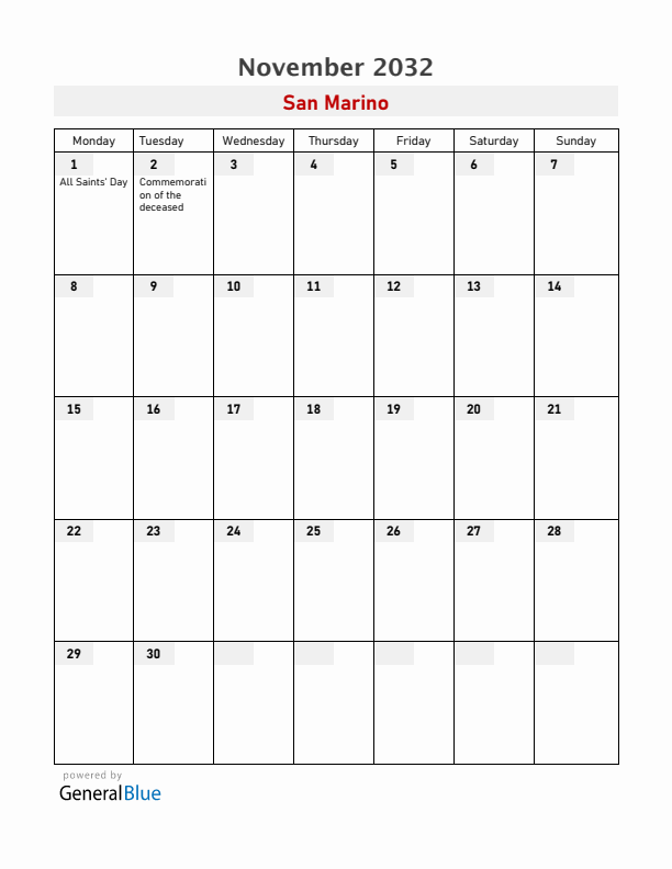 San Marino November 2032 Calendar with Holidays