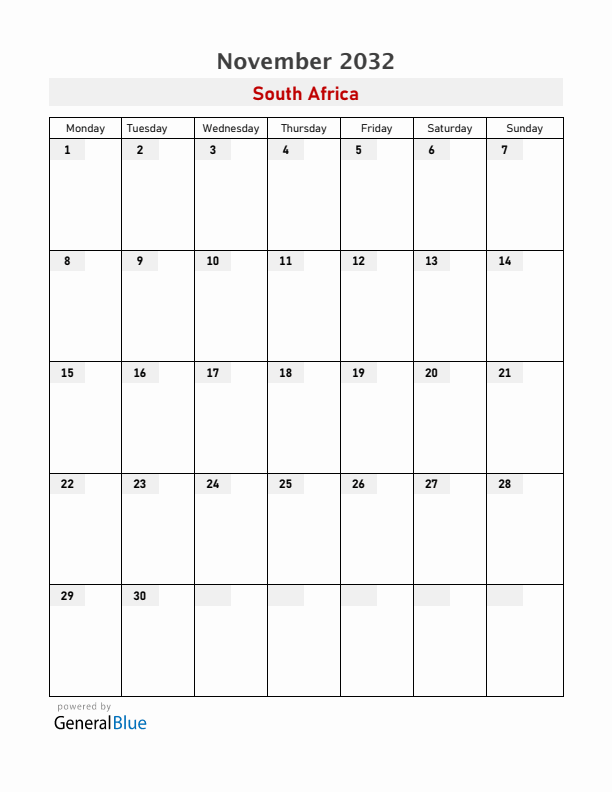 South Africa November 2032 Calendar with Holidays