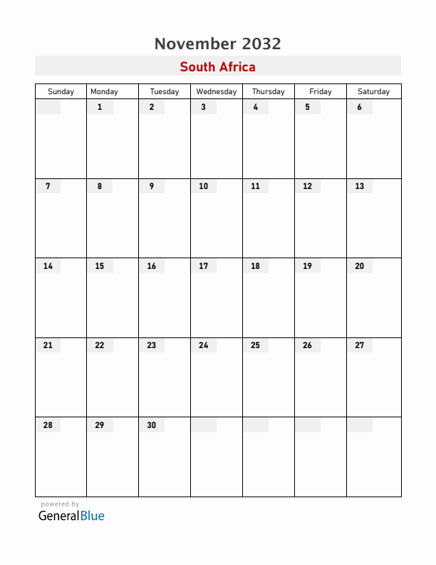 South Africa November 2032 Calendar with Holidays