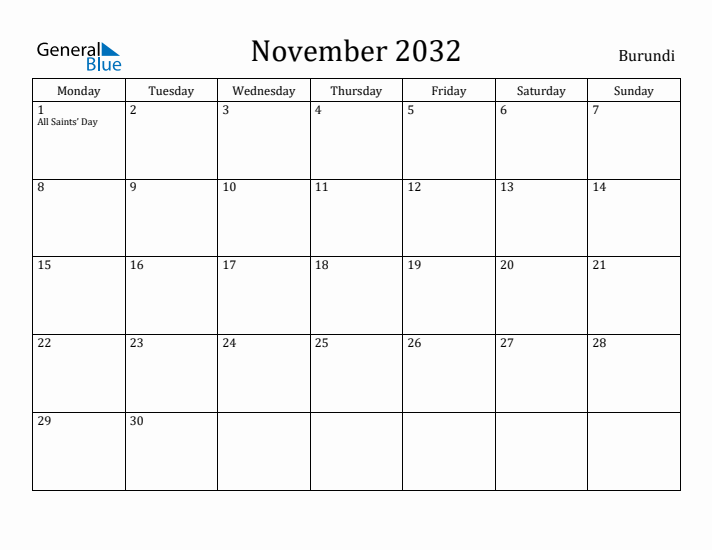 November 2032 Calendar Burundi