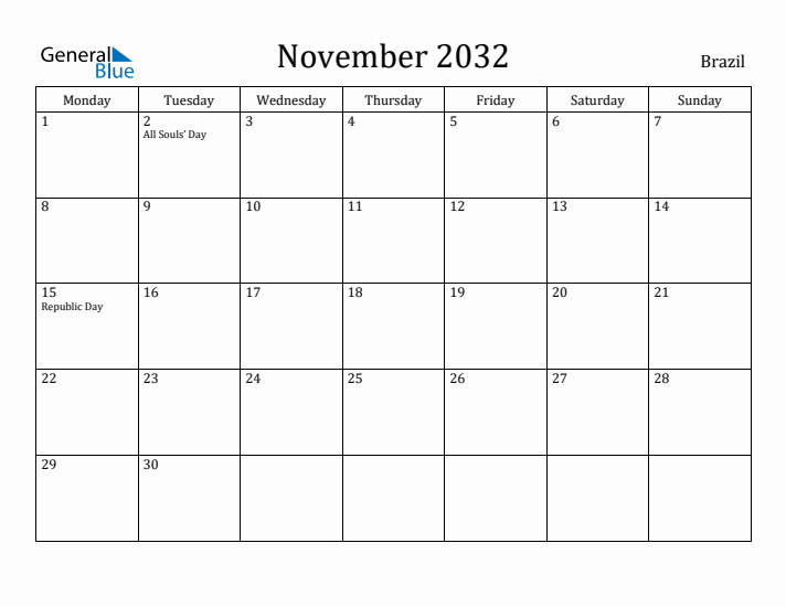 November 2032 Calendar Brazil
