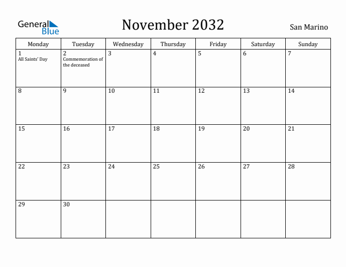 November 2032 Calendar San Marino