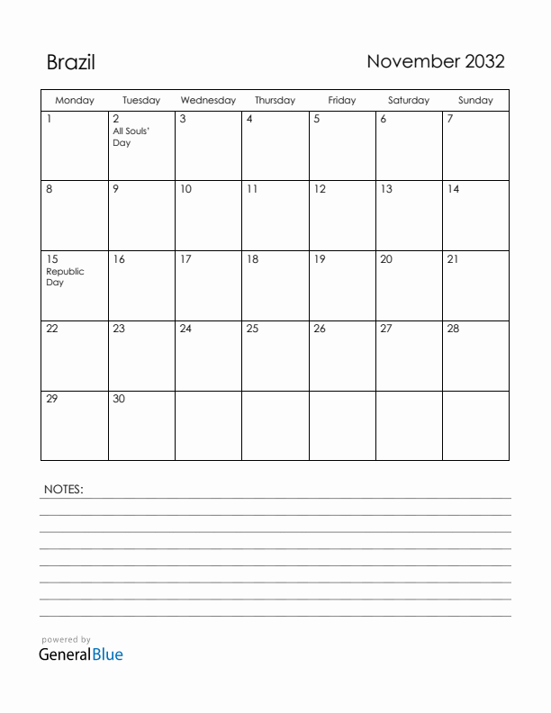 November 2032 Brazil Calendar with Holidays (Monday Start)