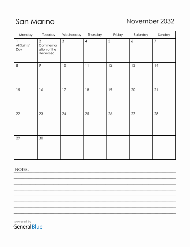 November 2032 San Marino Calendar with Holidays (Monday Start)