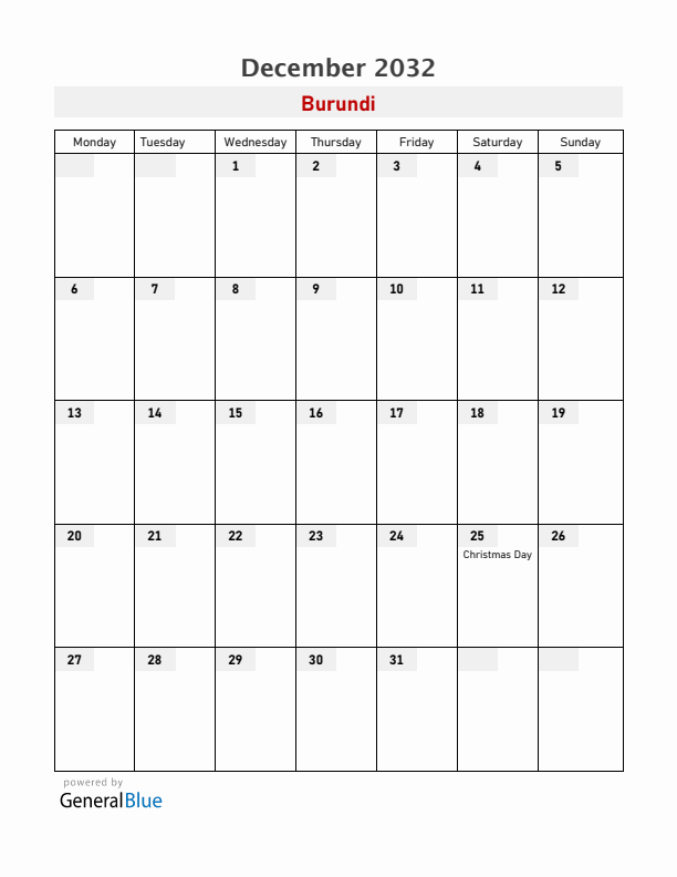 Burundi December 2032 Calendar with Holidays