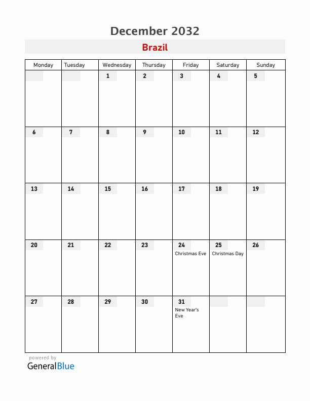 Brazil December 2032 Calendar with Holidays