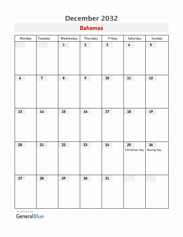 Bahamas December 2032 Calendar with Holidays